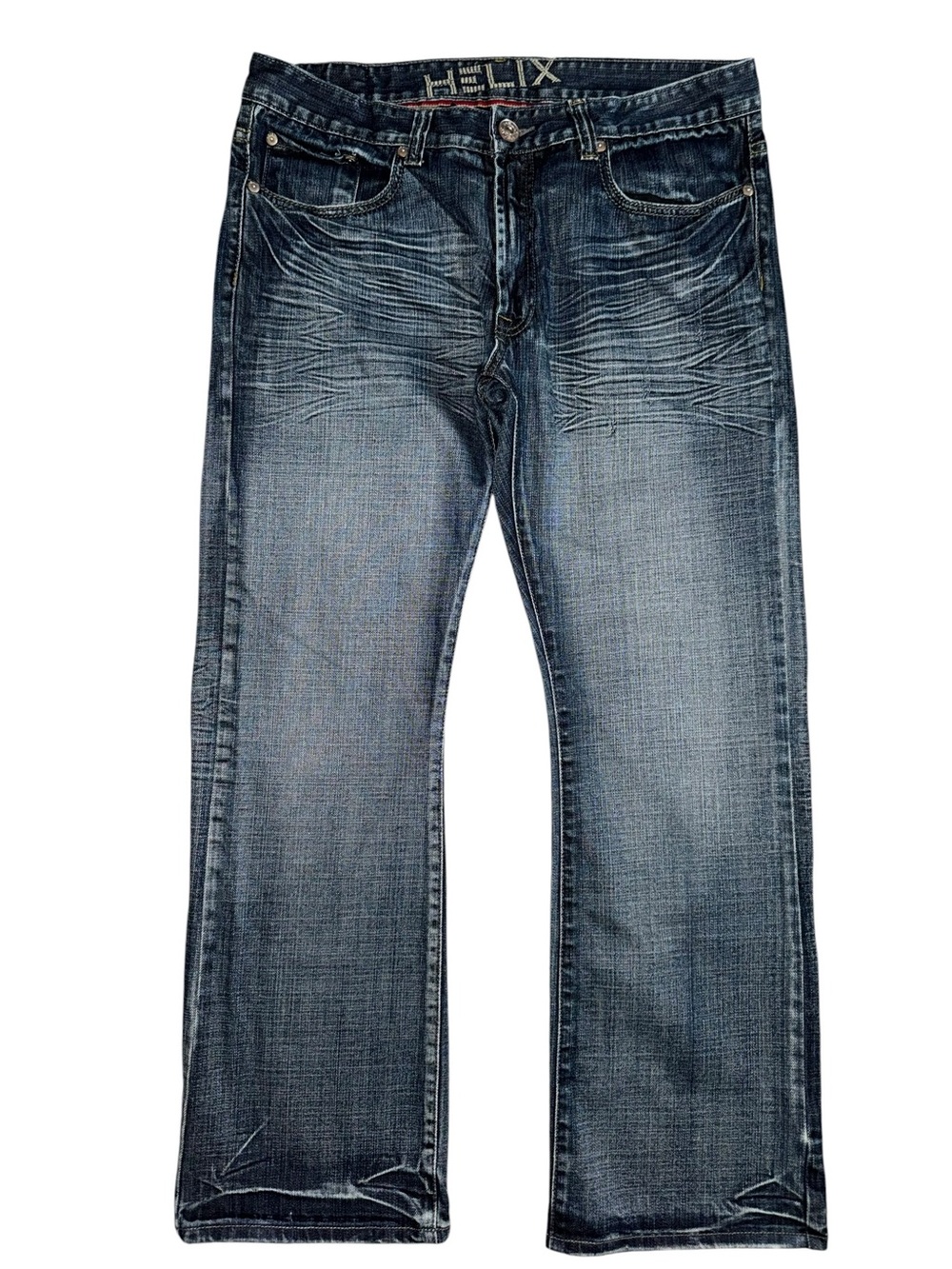 Helix Men’s 36x32 Bootcut Jeans Medium Wash Flap Pocket Whiskered Distressed